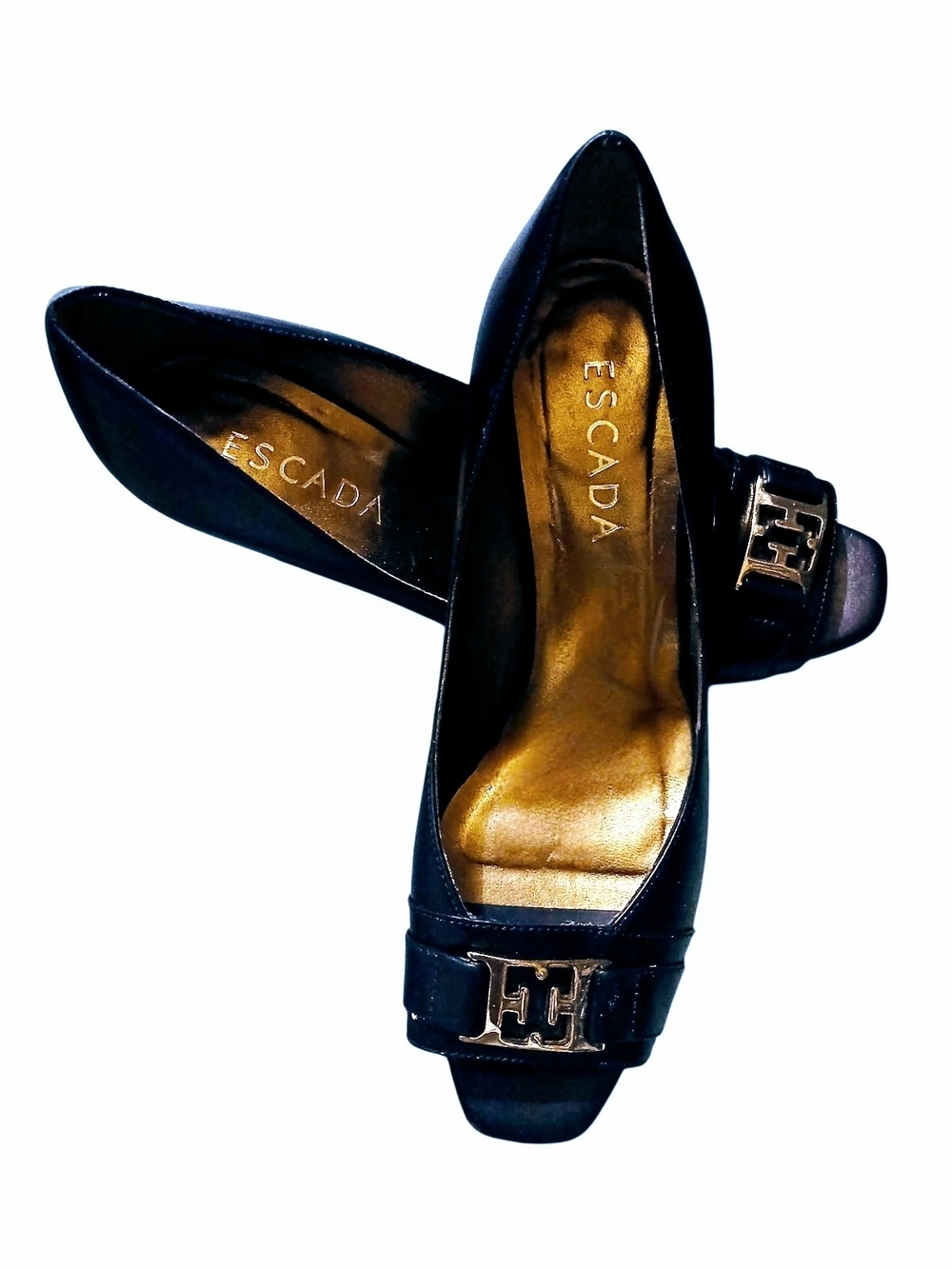 Escada Women’s Black Leather Peep-Toe pump w Gold Logo Made In Italy STUNNING!!!